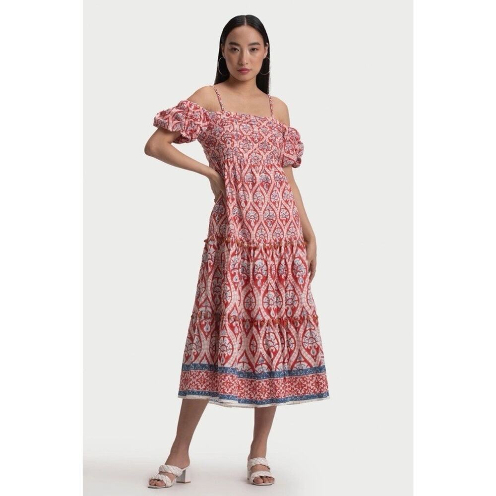 Ash & Eden Red Boho Cotton Midi Dress Size Small Off Shoulder Puff Sleeve NWT